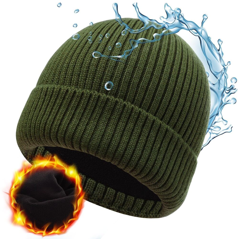 5184 Merino Wool Unisex Waterproof Cold Weather Roll Cuff Beanie Army Green